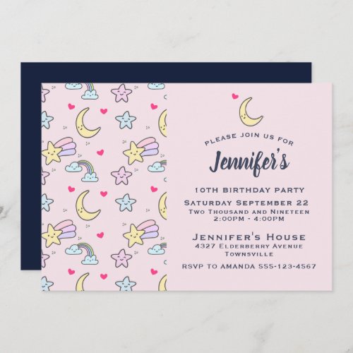 Moon Stars and Clouds Pattern on Pink Birthday Invitation