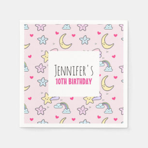 Moon, Stars and Clouds Pattern on Pink Birthday Napkins