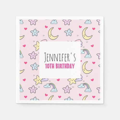 Moon Stars and Clouds Pattern on Pink Birthday Napkins