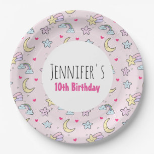 Moon, Stars and Clouds Pattern on Pink Birthday Paper Plates