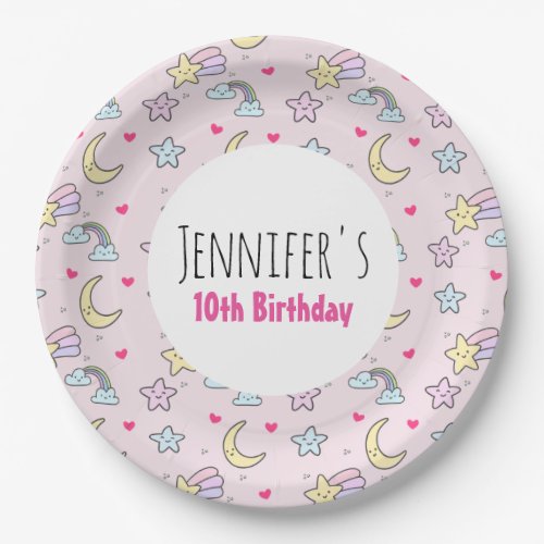 Moon Stars and Clouds Pattern on Pink Birthday Paper Plates