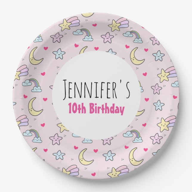 Moon, Stars and Clouds Pattern on Pink Birthday Paper Plates (Front)
