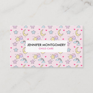 Moon, Stars and Clouds Pattern on Pink Business Card