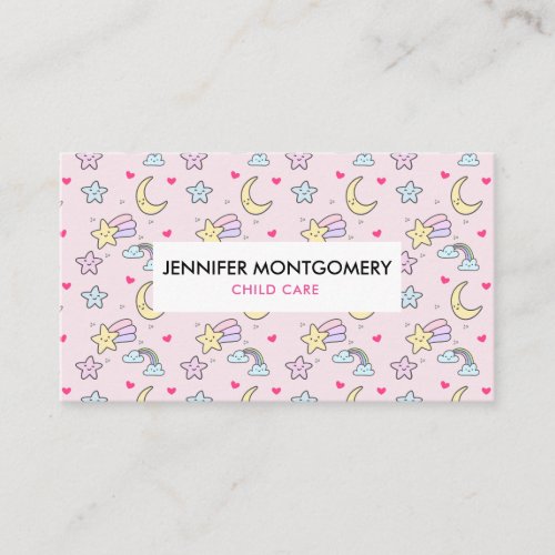 Moon Stars and Clouds Pattern on Pink Business Card