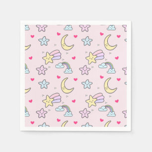 Moon, Stars and Clouds Pattern on Pink Napkins