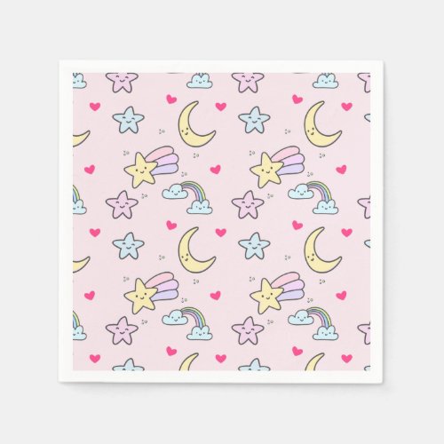 Moon Stars and Clouds Pattern on Pink Napkins