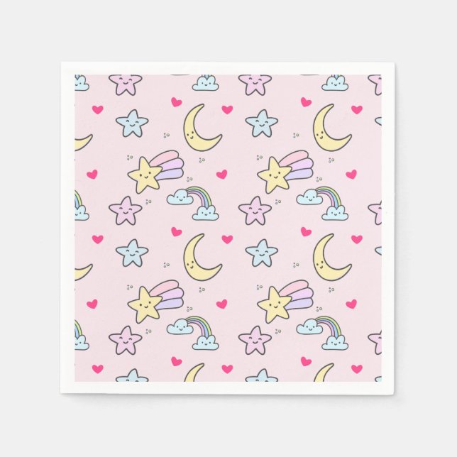 Moon, Stars and Clouds Pattern on Pink Napkins (Front)
