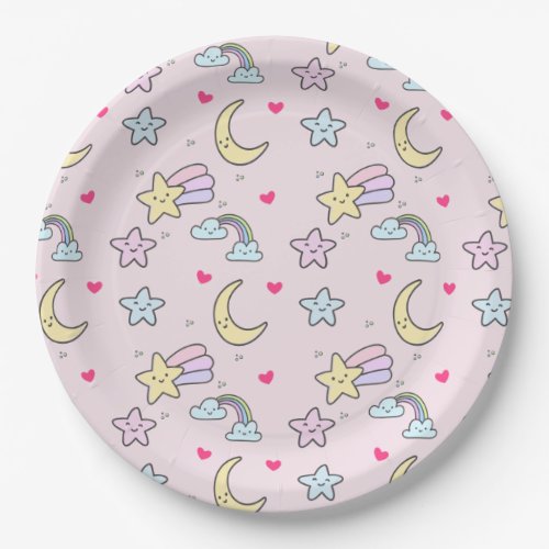 Moon Stars and Clouds Pattern on Pink Paper Plates