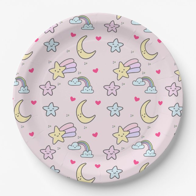 Moon, Stars and Clouds Pattern on Pink Paper Plates (Front)