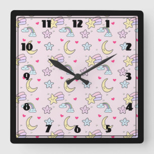 Moon, Stars and Clouds Pattern on Pink Square Wall Clock