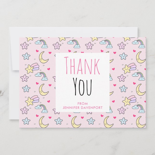 Moon, Stars and Clouds Pattern on Pink Thank You (Front)
