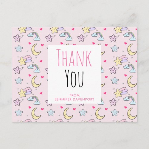 Moon Stars and Clouds Pattern on Pink Thank You Postcard