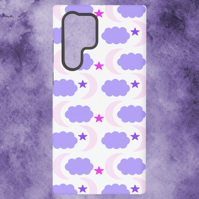 Moon, Stars and Clouds Pattern Pink and Purple Samsung Galaxy Case (A phone case with a pattern of pink and purple moons, clouds and stars)