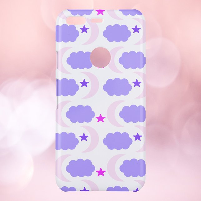 Moon, Stars and Clouds Pattern Pink Dark Purple Uncommon Google Pixel Case (A phone case with pink and purple moon, clouds and stars pattern)