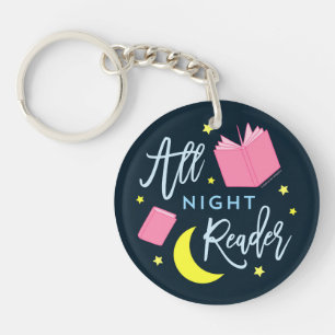 Moon Stars and Pink Books All Night Reade Keychain