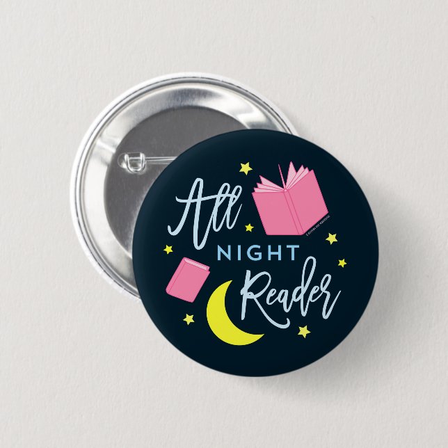 Moon Stars and Pink Books All Night Reader Button (Front & Back)