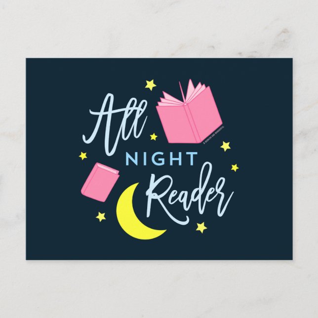 Moon Stars and Pink Books All Night Reader Postcard (Front)
