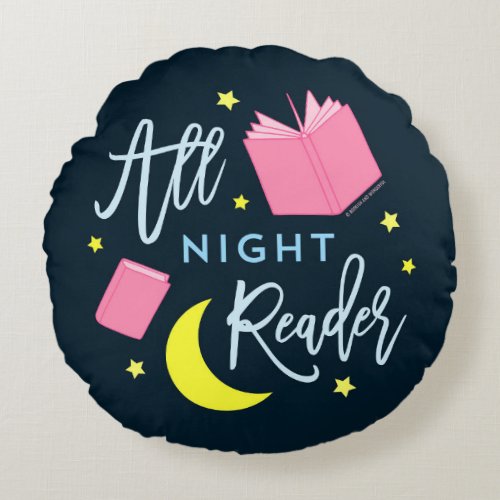Moon Stars and Pink Books All Night Reader Round Pillow