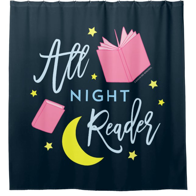 Moon Stars and Pink Books All Night Reader Shower Curtain (Front)