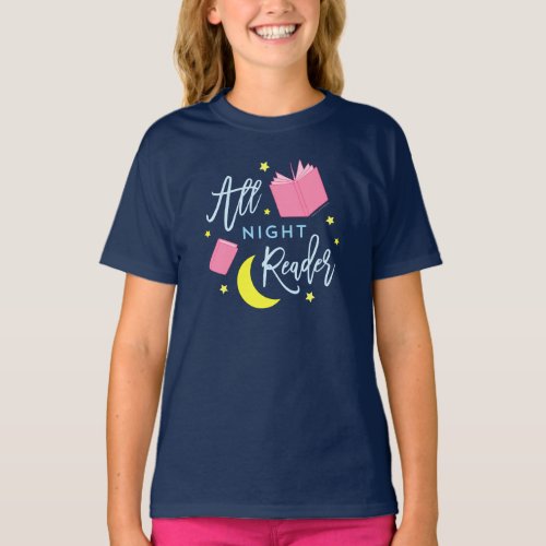 Moon Stars and Pink Books All Night Reader T_Shirt