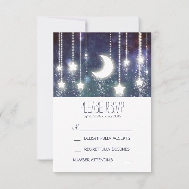 moon stars and string of lights wedding RSVP cards (Front)