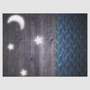 Moon, Stars, and Waves on Wood Decoupage Tissue Paper
