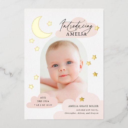 Moon Stars Arch Photo Pink Birth Announcement Zazzle