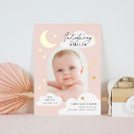 Moon Stars Arch Photo Pink Birth Announcement<br><div class="desc">A playful yet elegant design featuring you photo in a modern arch shape paired with elegant fonts,  hand-drawn stars,  clouds,  and a crescent moon. The back features a 3 photo collage and more stars. Be sure to visit the collection to see more.</div>