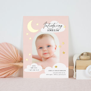 Moon Stars Arch Photo Pink Birth Announcement