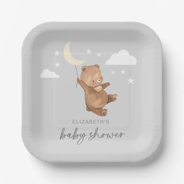 Moon Stars Bear Baby Shower Paper Plates (Front)