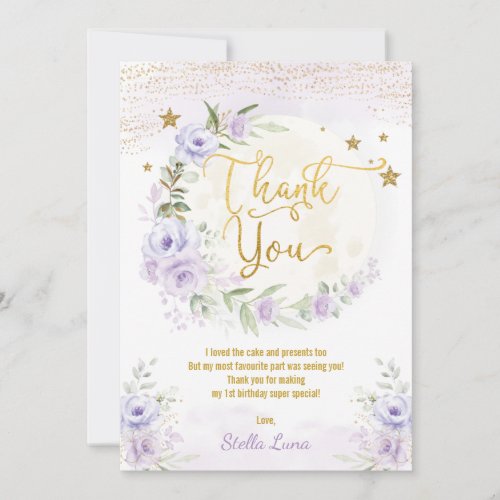 Moon  Stars Birthday Purple Gold Floral Thank You Card