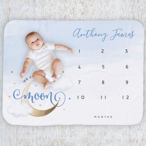 Moon Stars Blue Boy Monthly Milestone Baby Blanket