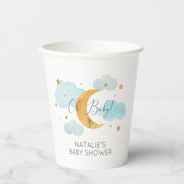 Moon & Stars blue clouds Baby Shower Paper Cups (Front)