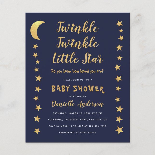 Moon Stars Blue Gold Budget Baby Shower Invitation (Front)