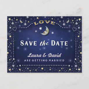 Moon & Stars Blue Gold & White Save Date Postcard