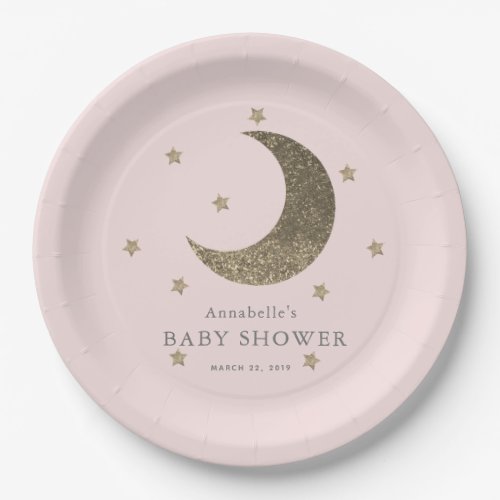 Moon  Stars Blush Pink Baby Shower Paper Plate
