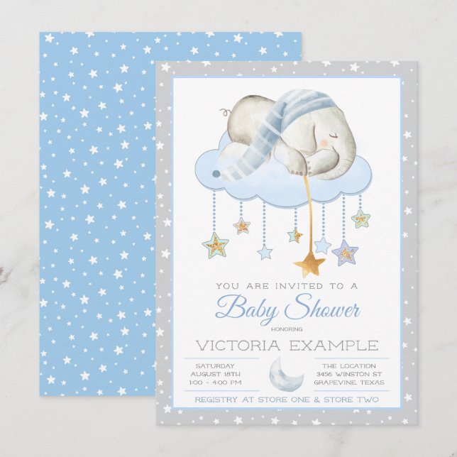 Moon Stars Boy Elephant Baby Shower Invitations (Front/Back)