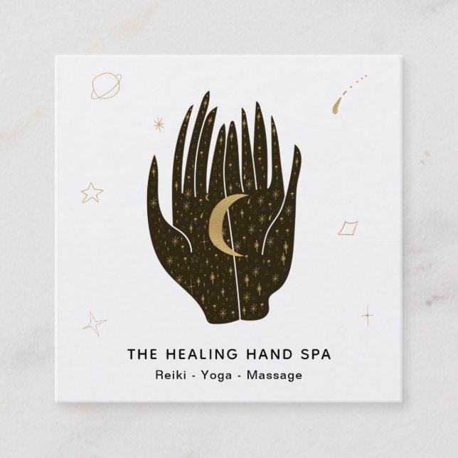 *~* Moon Stars Celestial Gold Healing Hands Space Square Business Card (Front)