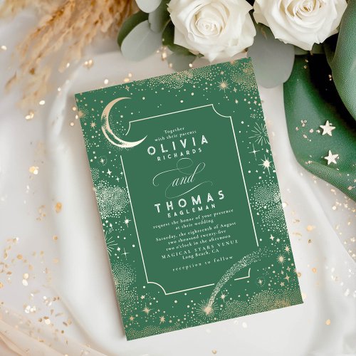 Moon Stars Celestial Night Sage Green Wedding Invitation