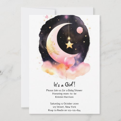 Moon Stars Celestial Watercolor Girl Baby Shower Invitation