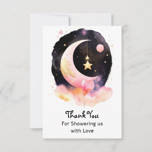 Moon Stars Celestial Watercolor Girl Baby Shower Thank You Card