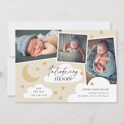 Moon Stars Clouds 3 Photo Collage Beige Birth Anno Announcement