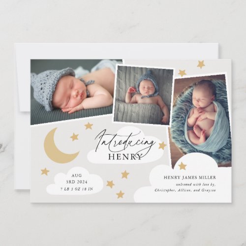 Moon Stars Clouds 3 Photo Collage Gray Birth Annou Announcement