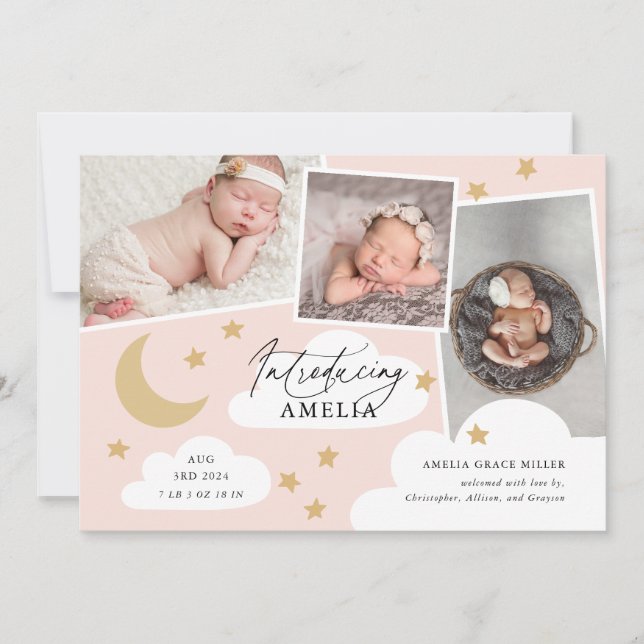 Moon Stars Clouds 3 Photo Collage Pink Birth Annou Announcement (Front)