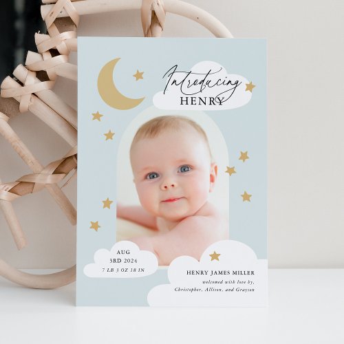 Moon Stars Clouds Arch Photo Baby Blue Birth Announcement