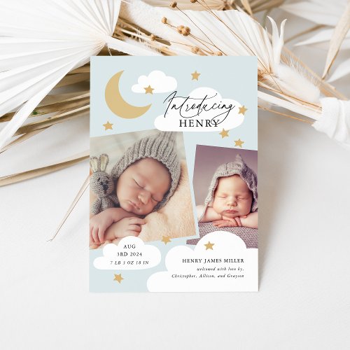 Moon Stars Clouds Collage Photo Baby Blue Birth Announcement