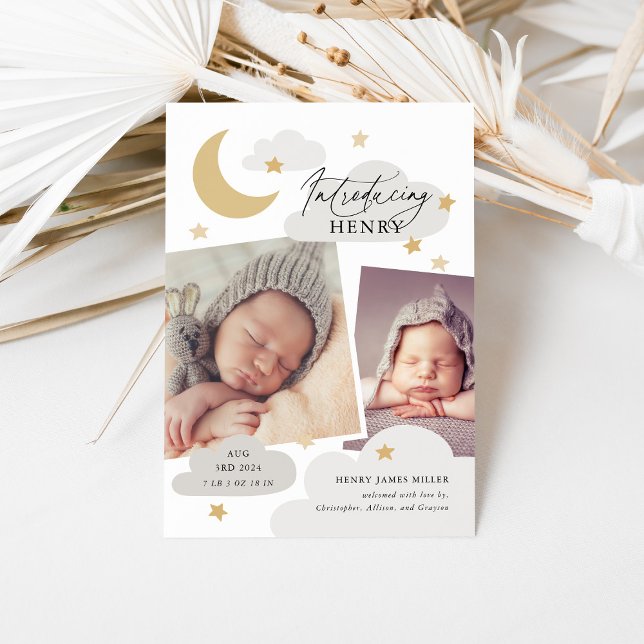 Moon Stars Clouds Collage Photo Gray Cloud Birth Announcement (Creator Uploaded)