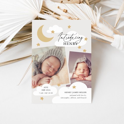 Moon Stars Clouds Collage Photo Neutral Gray Birth Announcement