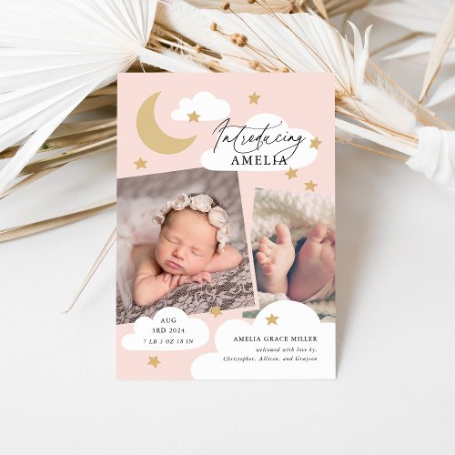 Moon Stars Clouds Collage Photo Pink Birth Announcement