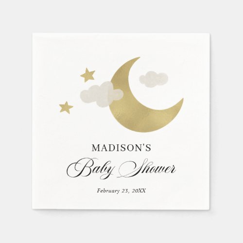 Moon Stars Clouds Fancy Script Baby Shower Napkins